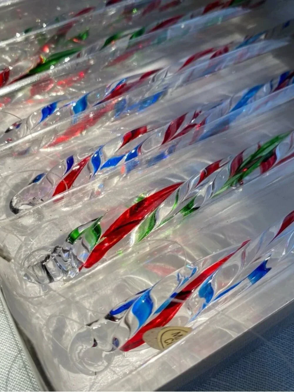 Vintage set of 6 Kurt Adler clear red blue green twisted glass icicle ornaments